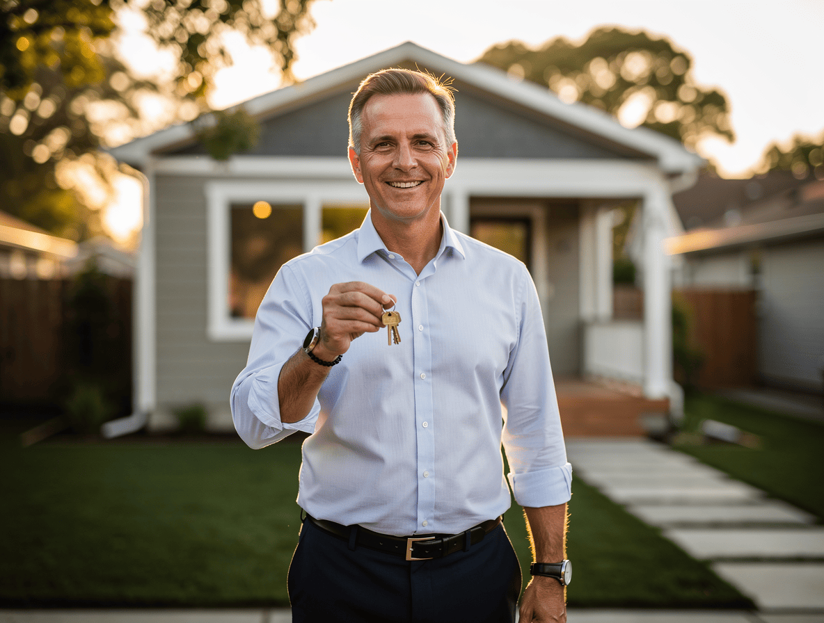 California homeowner standing in front of a finished ADU